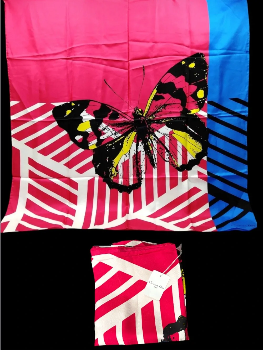 Dior Vibrant Butterfly Print Silk Scarf in Pink, Blue, Yellow- NWT